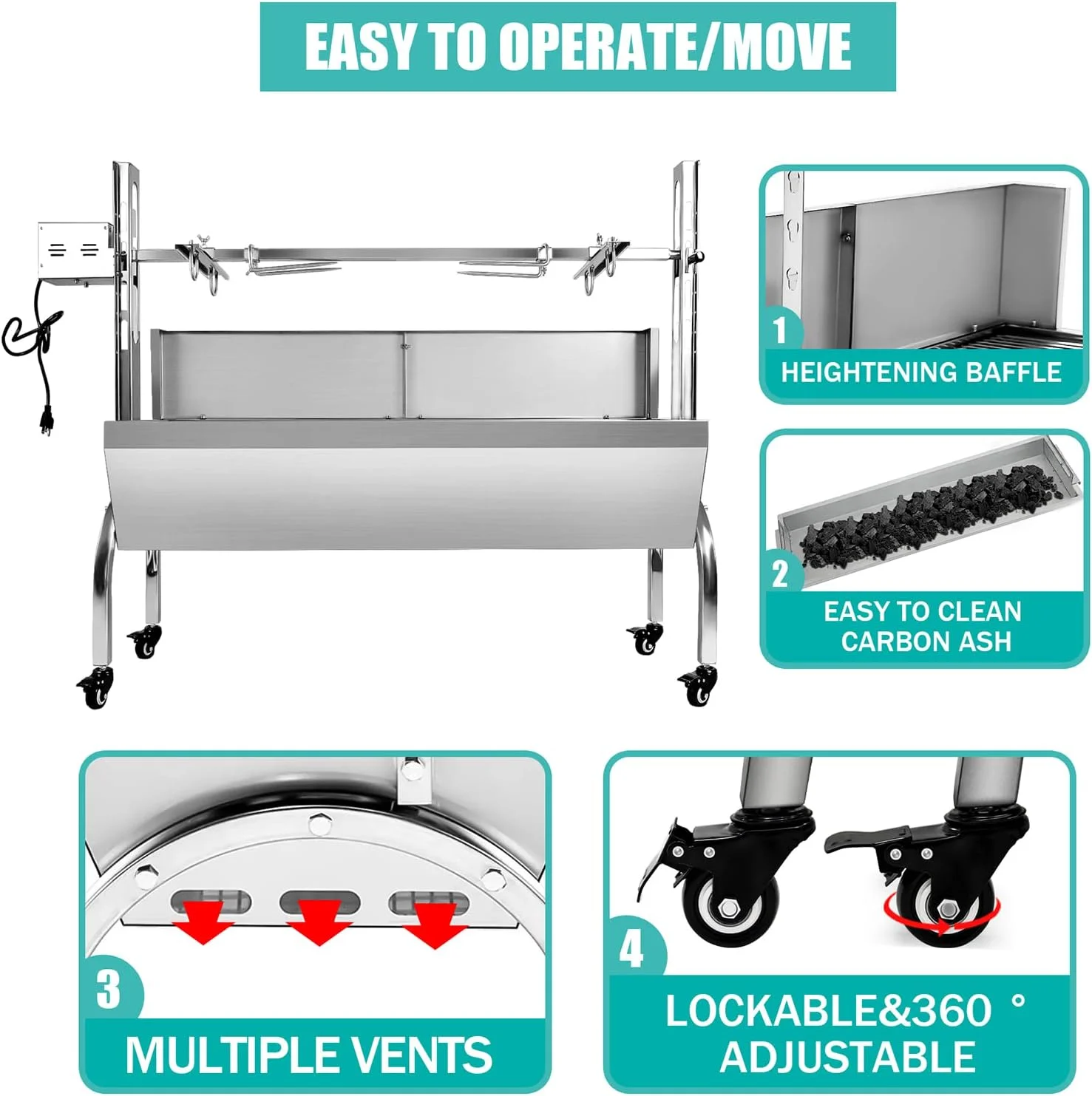 176LBS Stainless Steel Rotisserie Grill with Back Cover Guard, 25W Motor Small Pig Lamb Rotisserie Roaster