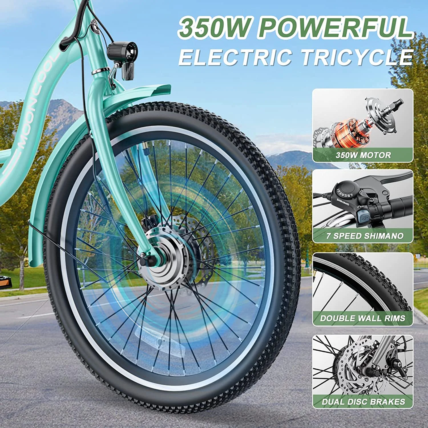 MOONCOOL 350W Motorized Electric Trike, 7 Speed 3 Wheel Electric Bicycle with 36V 14.5Ah Lithium Battery UL Certified