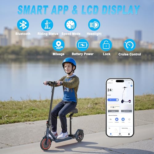 Electric Scooter for Adults with Seat, Folding Commuter E Scooter with 350W Motor, 19MPH Speed, 21 Miles Long Range, Dual Brakes, App Control