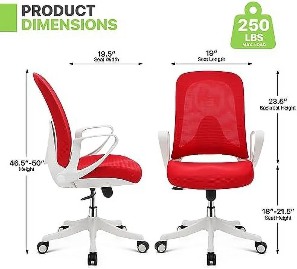 Office Desk Chair Mid-Back Mesh Swivel Chairs  Ergonomic Office Computer Chair with Flip-Up Arms  Red
