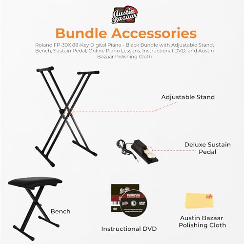 Roland FP-30X 88-Key Digital Piano - Black Bundle with Adjustable Stand, Bench, Sustain Pedal, Online Piano Lessons, Instructional DVD