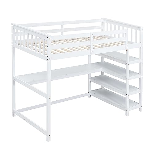 Harper & Bright Designs Full Loft Bed with Desk and Wardrobe,Solid Wood Loft Bed Frame Full with Storage Drawers for Kids Teens Adults