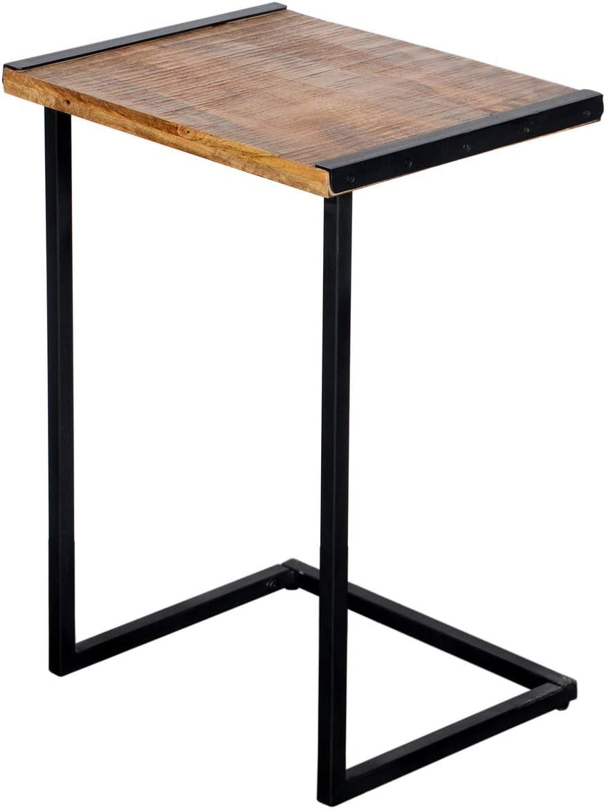 The Urban Port C Shape Mango Wood Sofa Side End Table with Metal Cantilever Base, Brown and Black