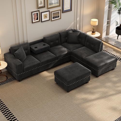 Merax Modern Sectional Sofa with Storage Ottoman, L Shaped Couch with 2 Pillows and 2 Cup Holders