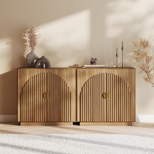 BELLEZE 65 Inch Fluted Buffet Cabinet with Storage, Symmetrical Arc Accent Sideboard Large Console Table for Dining Room, Kitchen