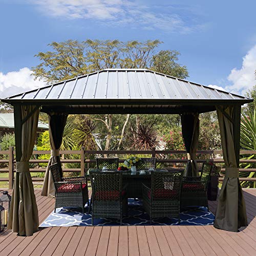 Kozyard 10'x12' Hardtop Gazebo Permanent Metal Pavilion with with 2-Layer Sidewalls Curtains for Patio, Backyard