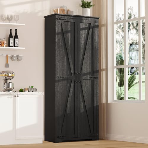 72" Tall Farmhouse Kitchen Pantry Cabinet, Large Storage Cabinet with 6 Adjustable Shelves, 4 Barn Doors & Drawer for Bathroom, Dining Room, Brown