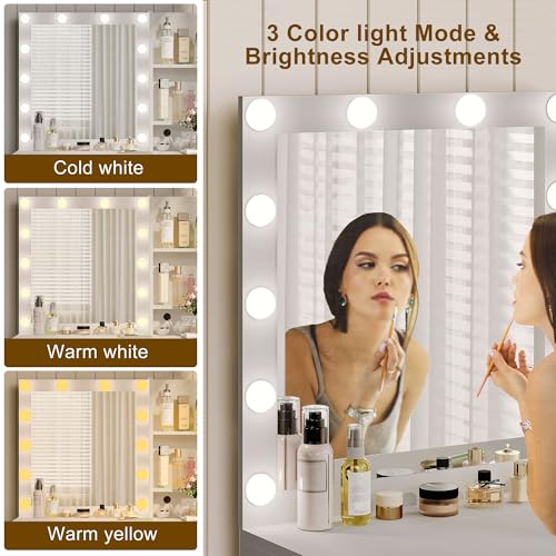 Vanity Desk with Mirror and 12 LED Lights, Makeup Vanity Table with Charging Station, 4 Drawers and Hairdryer Holder, Padded Stool with Storage, White