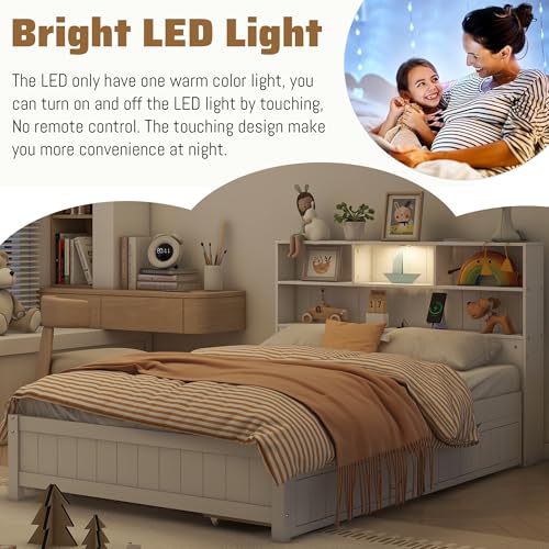 Twin Size Platform Bed with Bookcase Headboard, USB Charging Station and Downlight,Wood Twin Capatain Bed Frames with 2 Storage Drawers