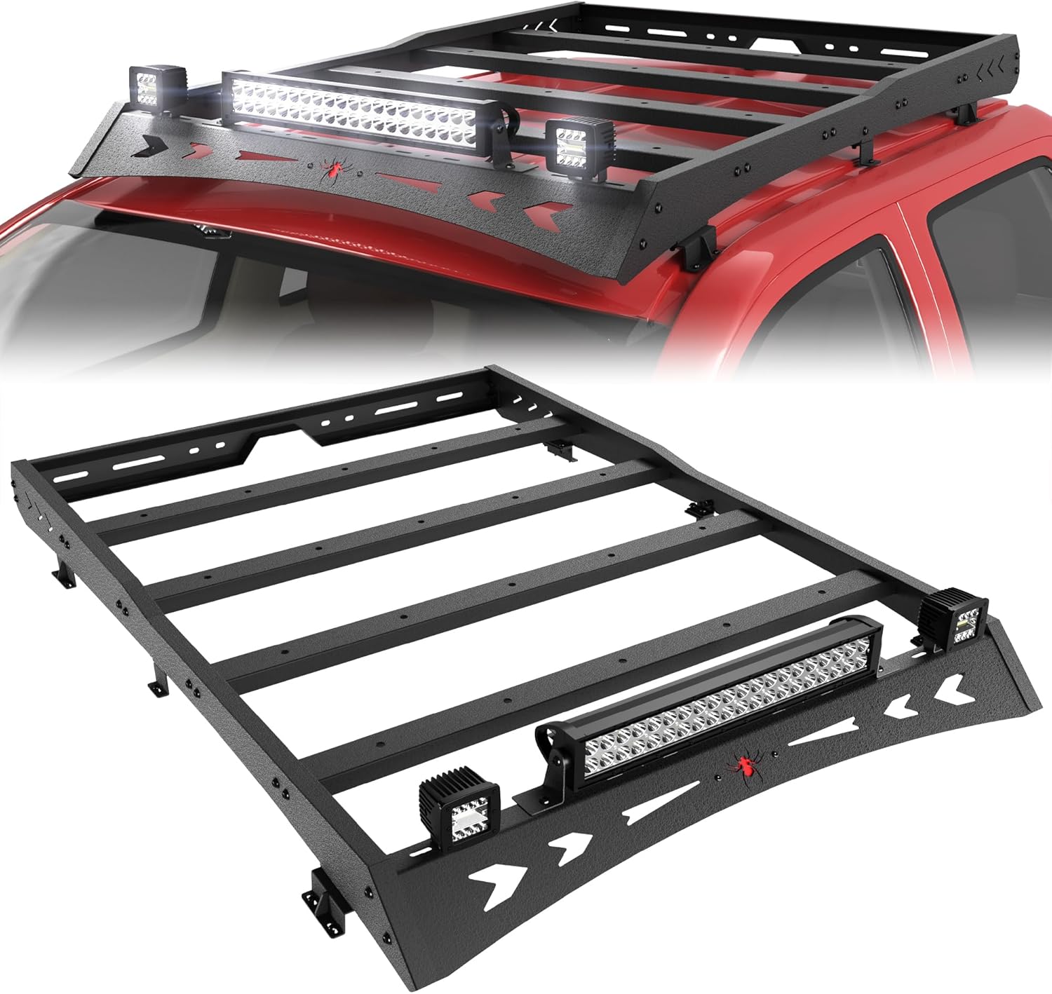 Roof Rack for Tacoma Roof Rack Cargo Carrier Heavy Duty Top Roof Basket Rack Extension with 2 X 18W LED Lights and 1 X 144W Light Bar Fit for Toyota