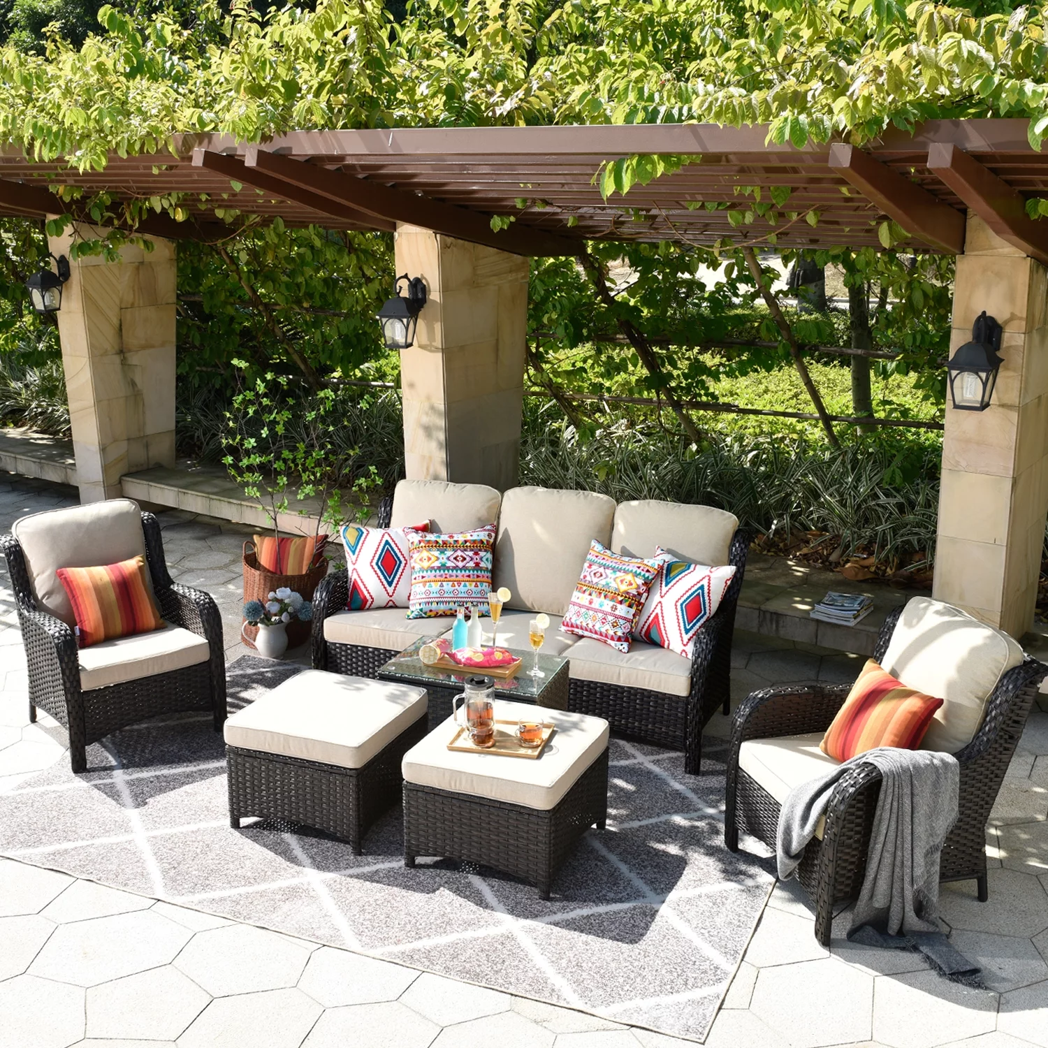 Ovios 6 Pieces Outdoor Patio Furniture Wicker Conversation Set Sectional Couch with Cushions & Glass Table