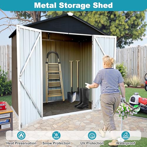 8x6 FT Outdoor Storage Shed, Metal Tool Shed with Lockable Doors, Peaked Roof & Frame Floor