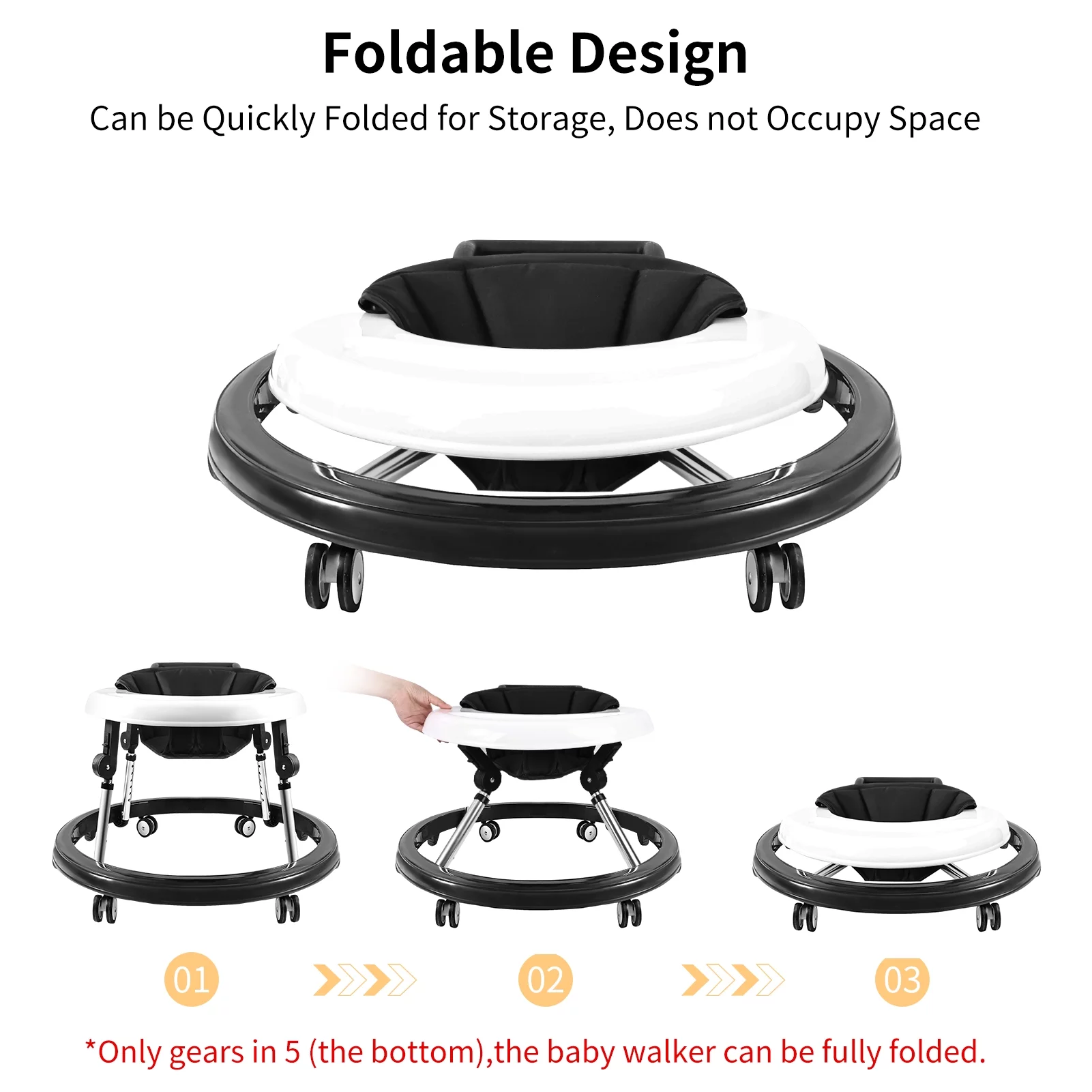 Baby Walker, Baby Walker with Wheels, Foldable 9-Gear Height Adjustable, Baby Walkers and Activity Center with Foot Pads/Mute Wheels