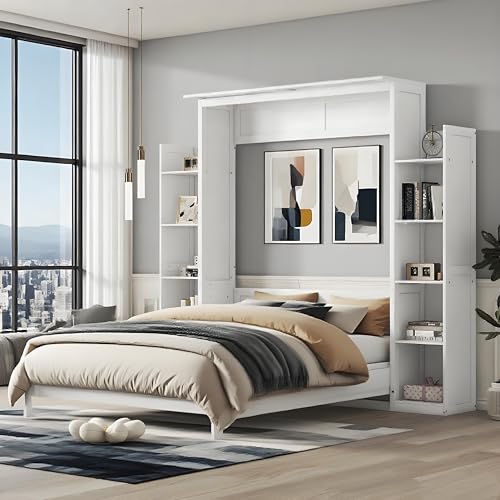 Queen Size Murphy Bed with Desk & Charging Station,Wall Bed Frame Folding into Cabinet Design w/LED & Storage Shelf for Small Space,Bedroom
