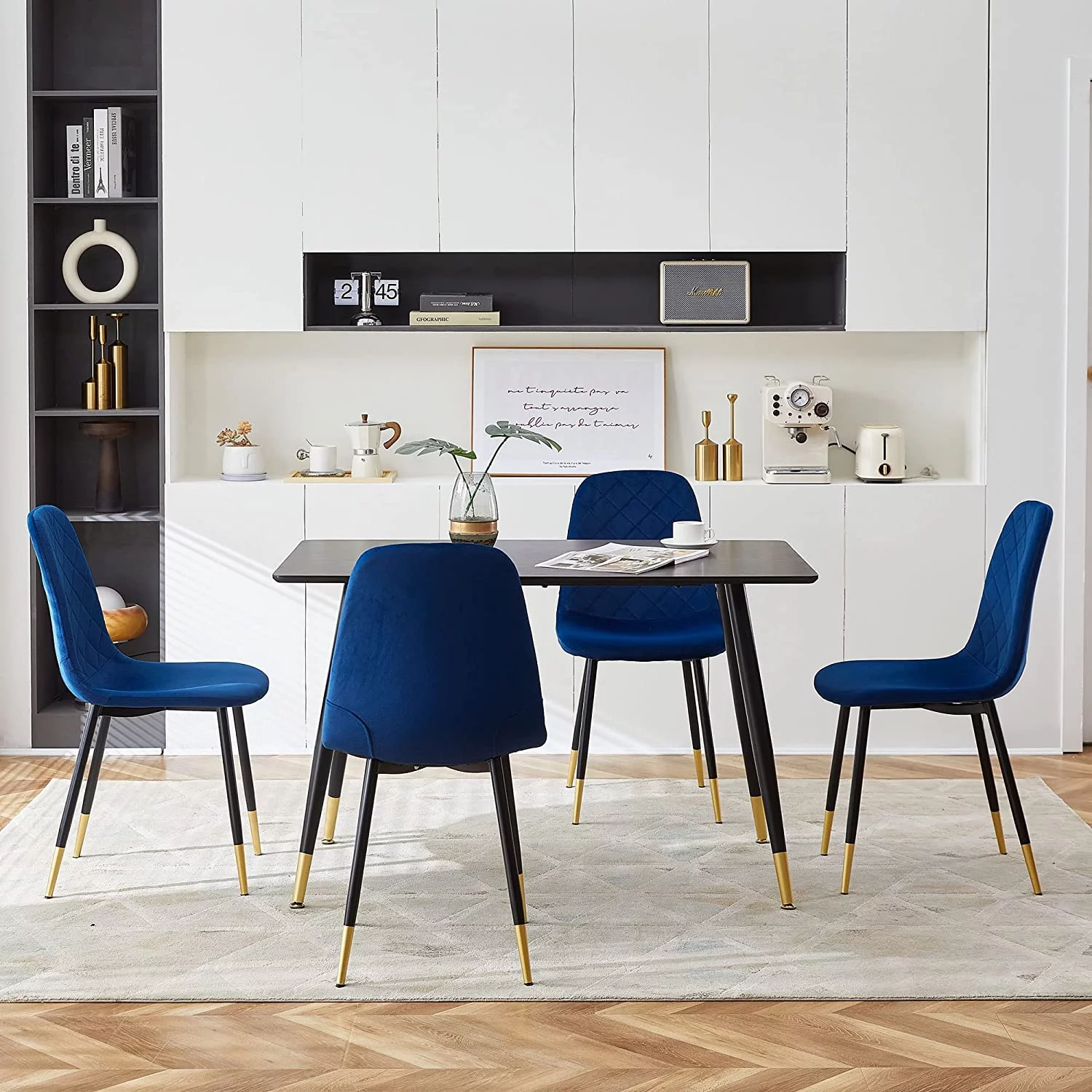 NORDICANA Dining Table Set for 4,Classic Faux Wood Rectangular Dining Table with 4 Upholstered Velvet Dining Chair Space Saving for Apartment