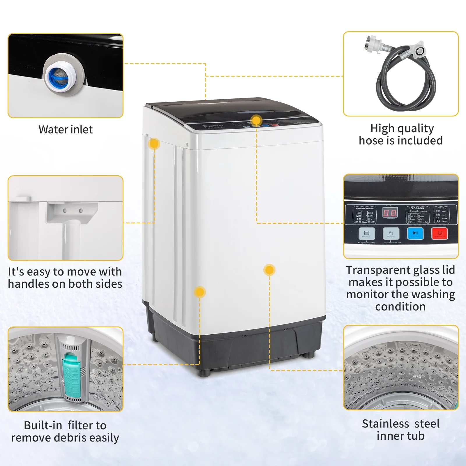 Full-Automatic Washing Machine Top Load Portable Compact Laundry Washer Spin with Drain Pump
