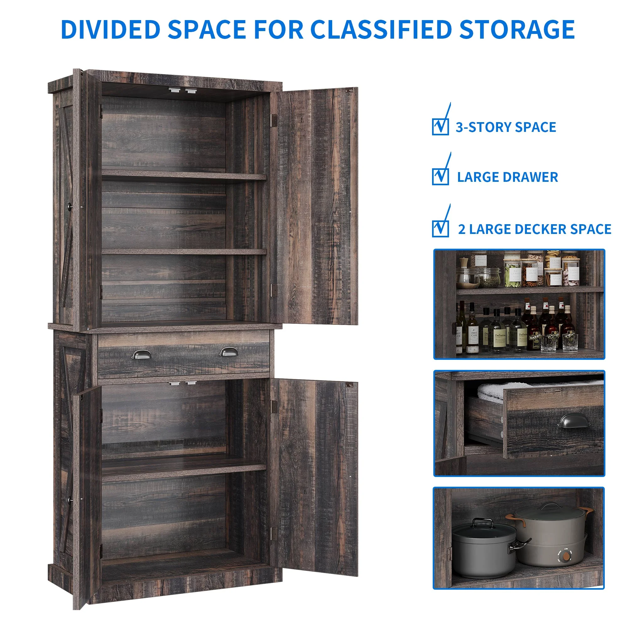 Dextrus 72" Kitchen Pantry Storage Cabinet, Large Drawer Farmhouse Storage Cabinet with 4 Doors
