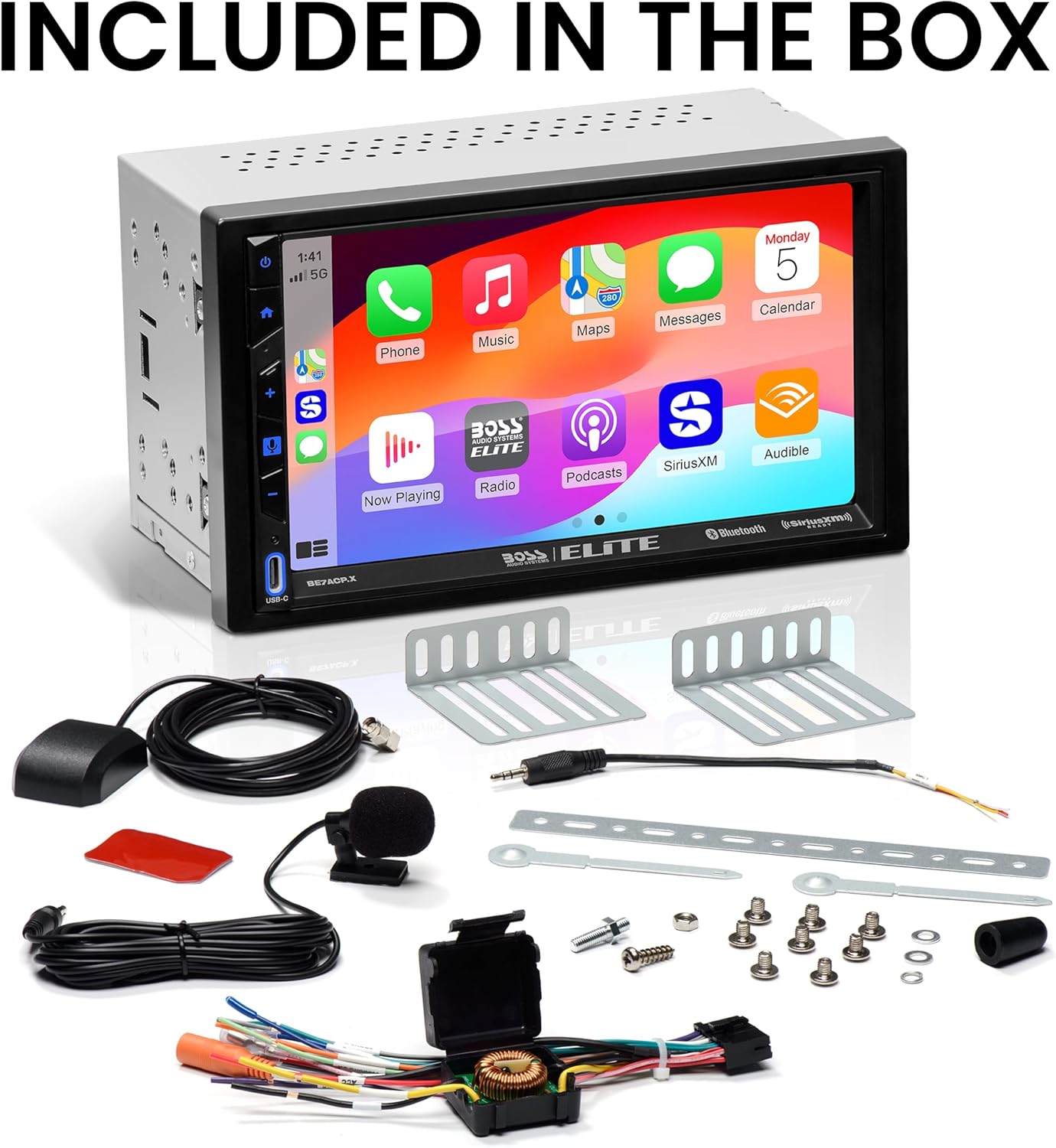 BOSS Audio Systems Elite BE7ACP.X Double DIN Car Stereo Apple CarPlay Android Auto, 7 Inch Touchscreen, Sirius XM-Ready, Bluetooth, Multicolor Panel