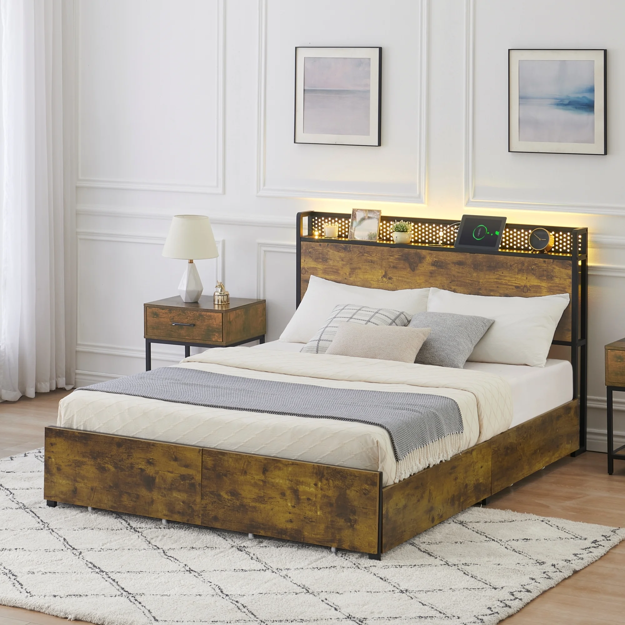 IDEALHOUSE Queen Bed Frame with Storage Headboard and 6 Drawers,LED Bed Frame with Outlets and USB Ports