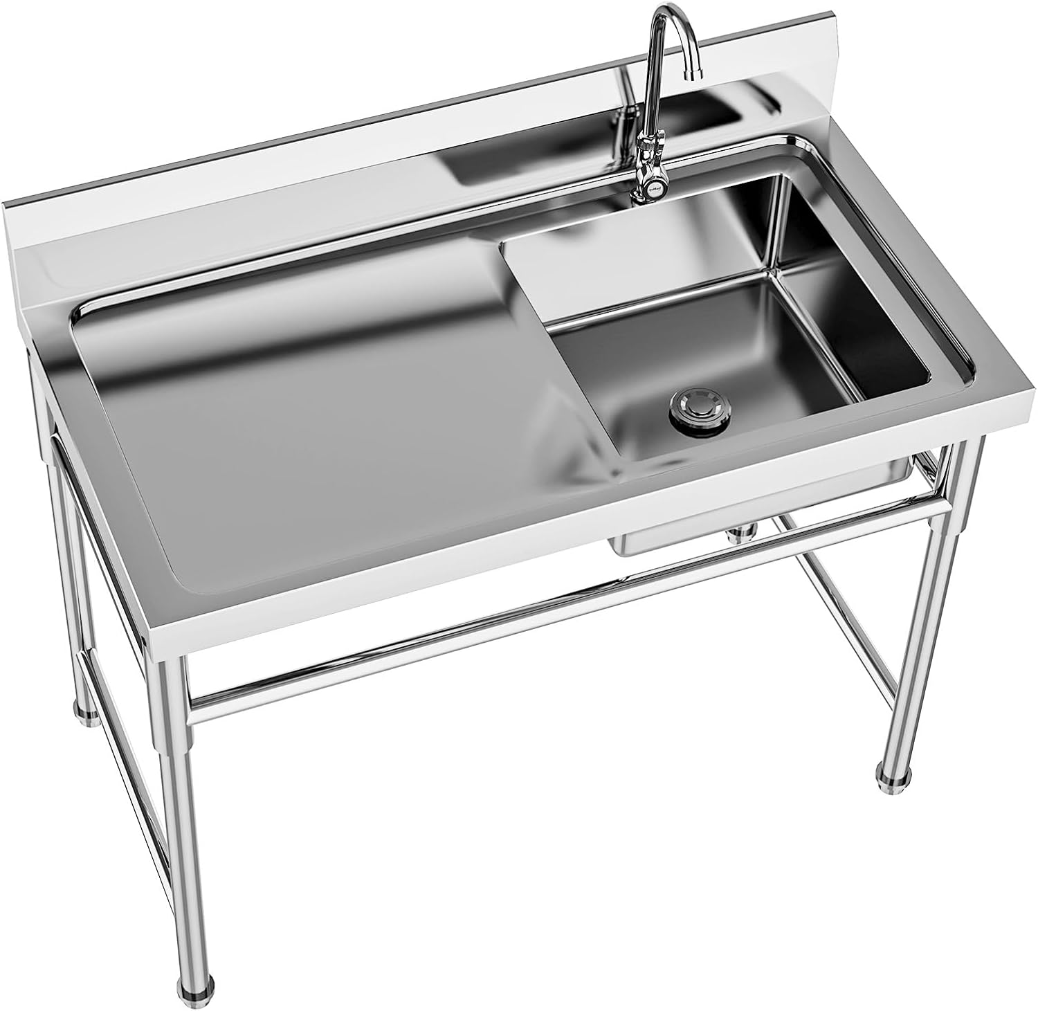 Stainless-Steel Commercial Restaurant Kitchen Sink Set with Faucet Single Bowl, Free Standing Basin w/Workbench & Storage Shelves for Kitchen