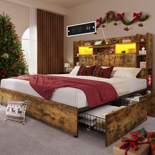 YITAHOME Queen Bed Frame with Bookcase Headboard and 4 Storage Drawers, RGB LED Bed Frame with Type-C & USB Charging Station Storage Headboard Bed