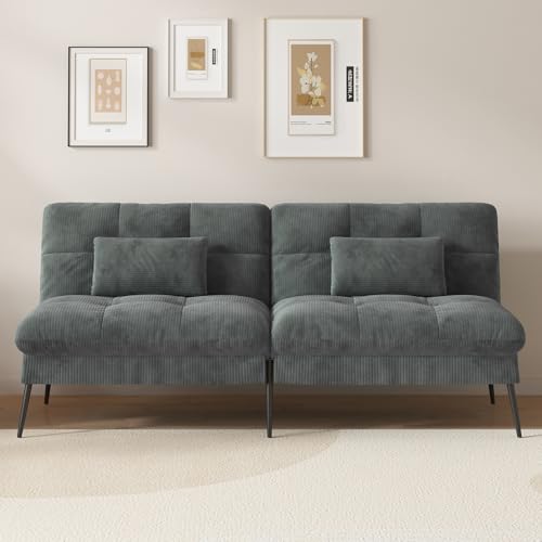 COMHOMA Convertible Futon Sofa Bed, 68″Fabric Futon Couch with Adjustable Backrest, Folding Futon Sleeper Recliner for Living Room Furniture (Black)