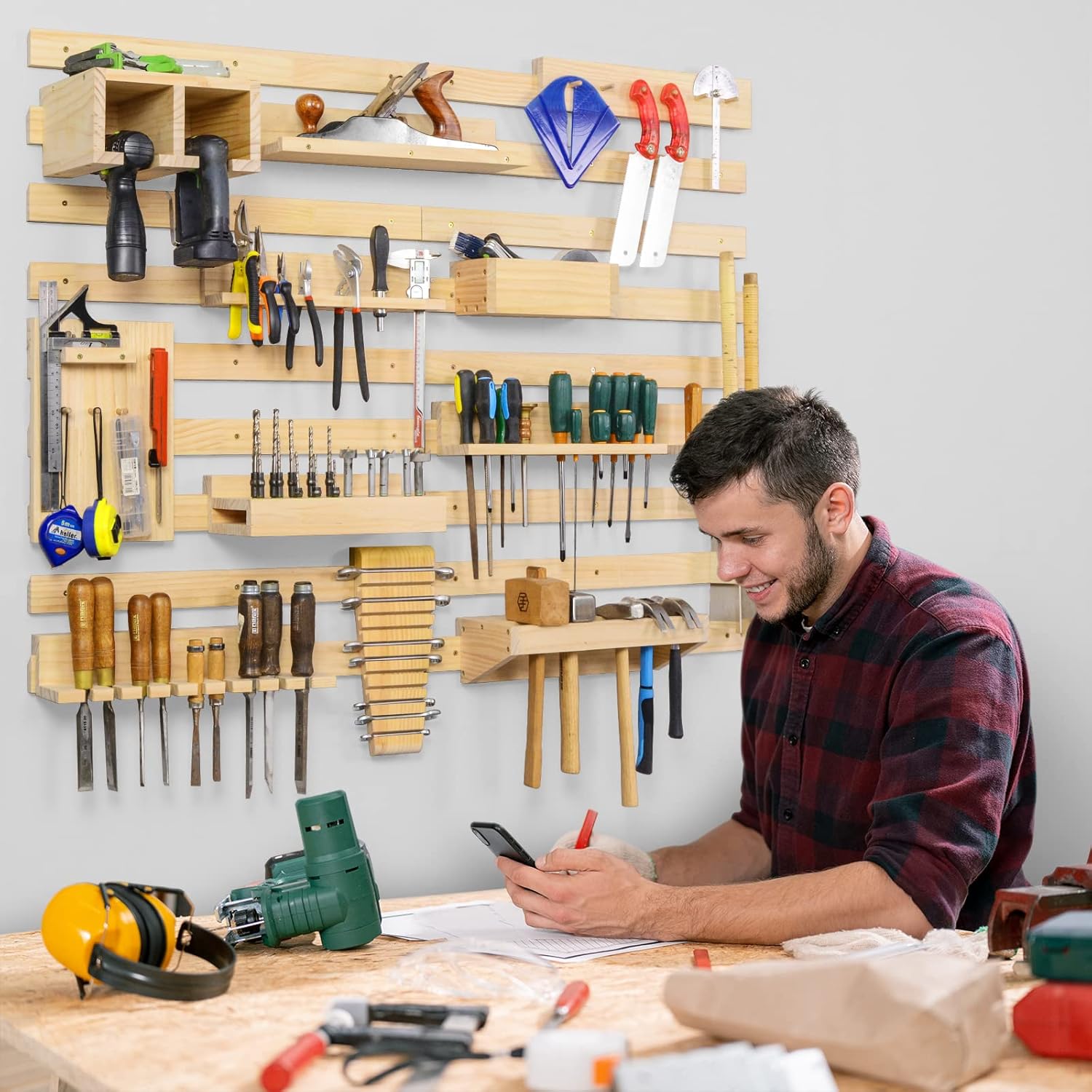 Ikkle Pine Pegboard Organizer Garage Wall Storage, Wood Panel Tool Organizer Kit Peg Board Panel with Power Tool Screwdriver  Holder for Workshop