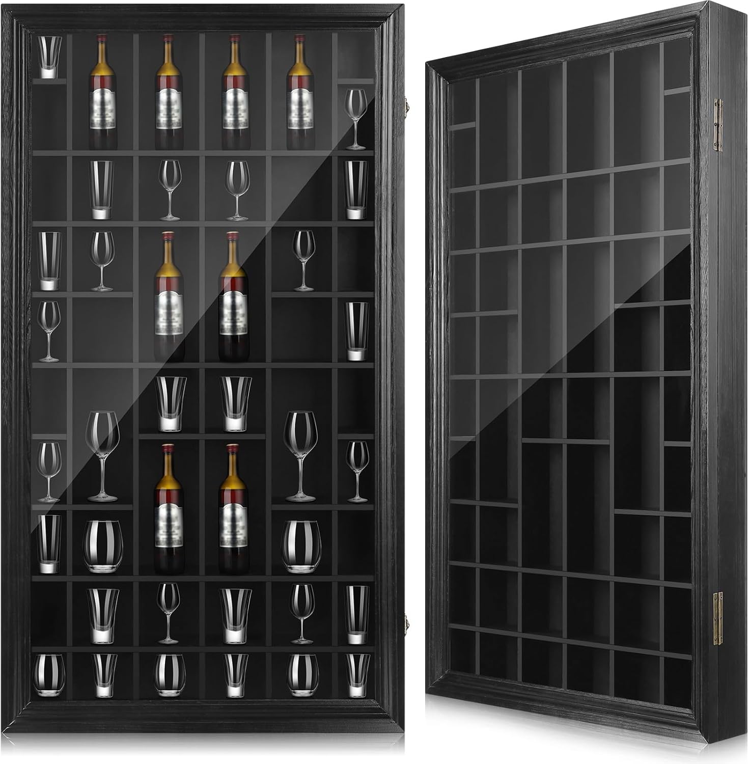 2 Pcs Shot Glass Display Case 50 Slots Wood Shot Glasses Holder 32.5 x 17.9'' Wall Mount Cabinet Rack Holder for Collectibles Glass Bar Cabinet with