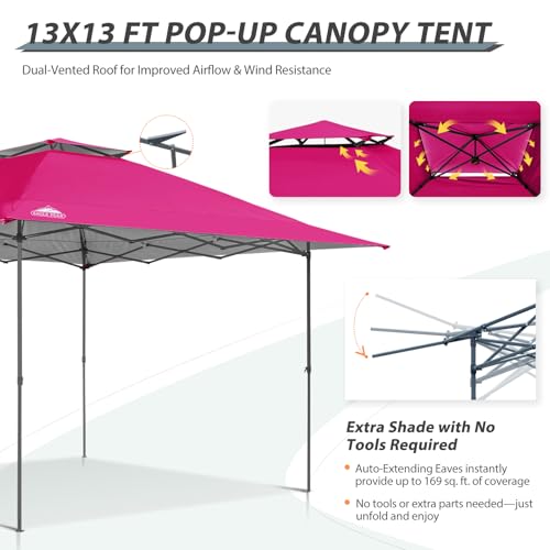 EAGLE PEAK 13x13 Straight Leg Pop Up Canopy Tent Instant Outdoor Canopy Easy Single Person Set up Folding Shelter w/Auto Extending Eaves 169 Square