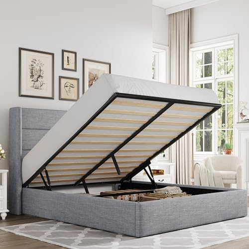 Allewie Full Size Lift Up Storage Bed, Modern Wingback Headboard, Hydraulic Support, No Box Spring Needed, Light Beige