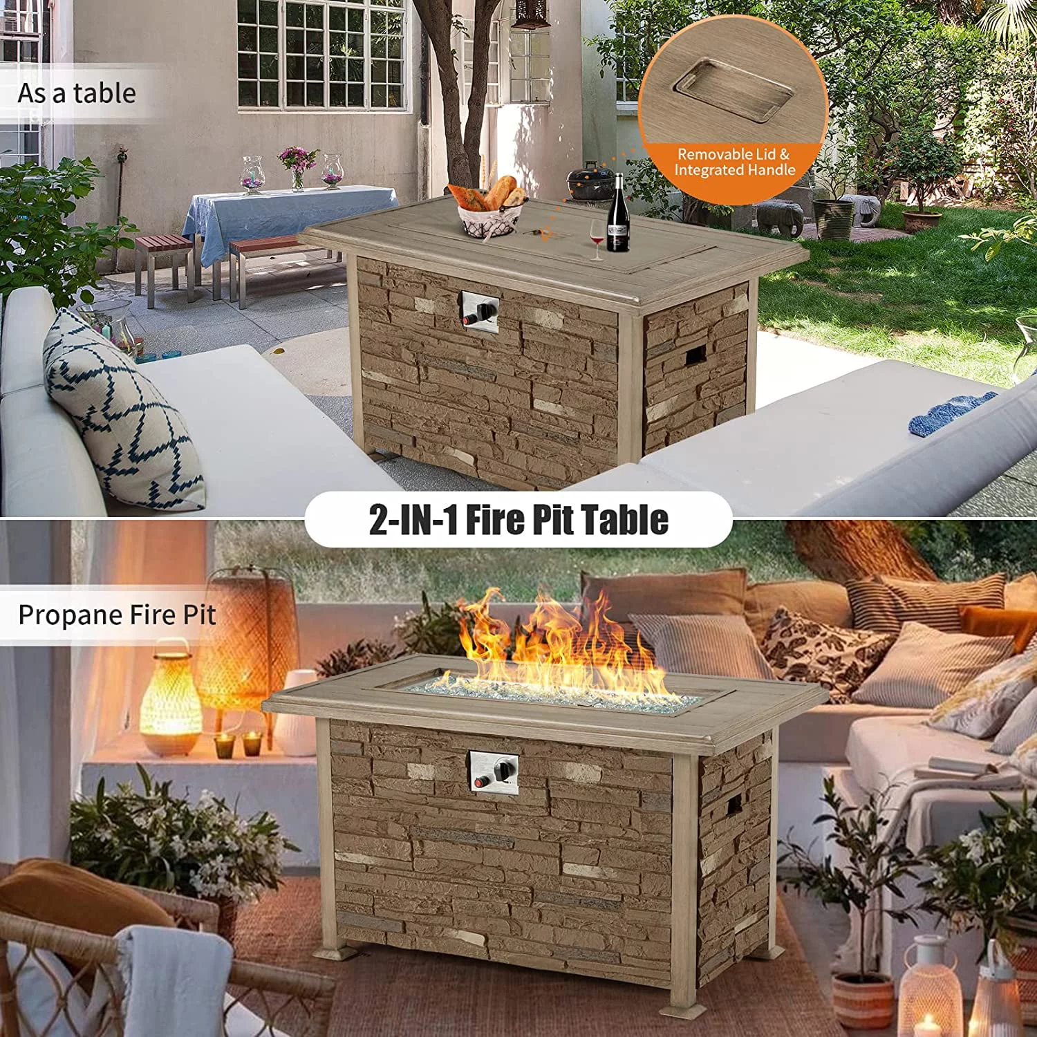 Vicluke 44 inch Aluminum Propane Fire Pit Table with Faux Ledgestone, Hand-Painted Table Top, 50,000 BTU Gas Fire Table with CSA Certification