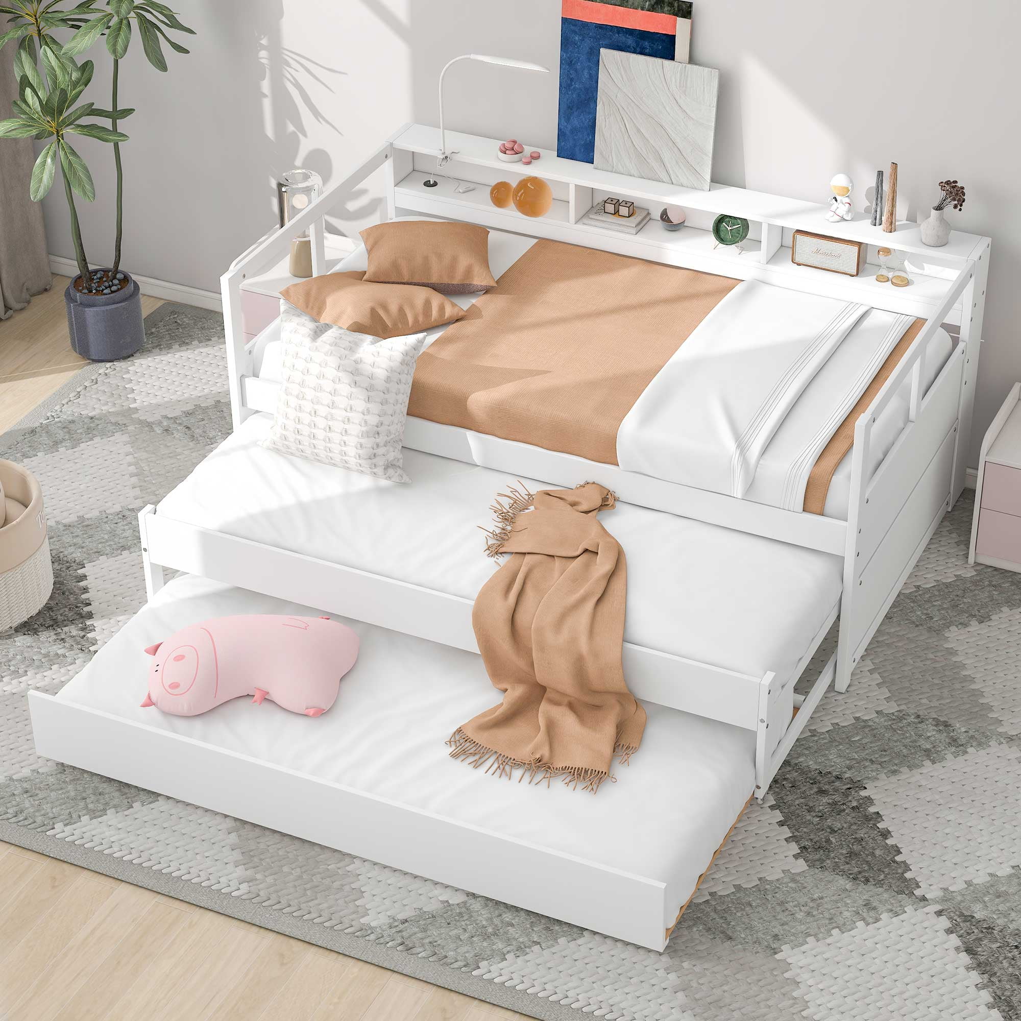 EUROCO Twin Platform Bed with Storage Shelf, Convertible Daybed with Night Light and USB Charging for Kids Teens Adults, 3 Beds in One, White