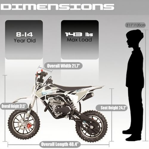 SYX MOTO 60cc Dirt Bike, Gas Powered 4-Stroke Mini Motocross Motorcycle, Dirtbike for 8-14, Off-Road Pull Start Pit Bike with Speeds up to 22 MPH
