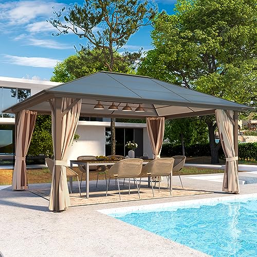 YOLENY 10'x13' Hardtop Gazebo, Outdoor Polycarbonate Double Roof Canopy, Aluminum Frame Permanent Pavilion with Curtains and Netting