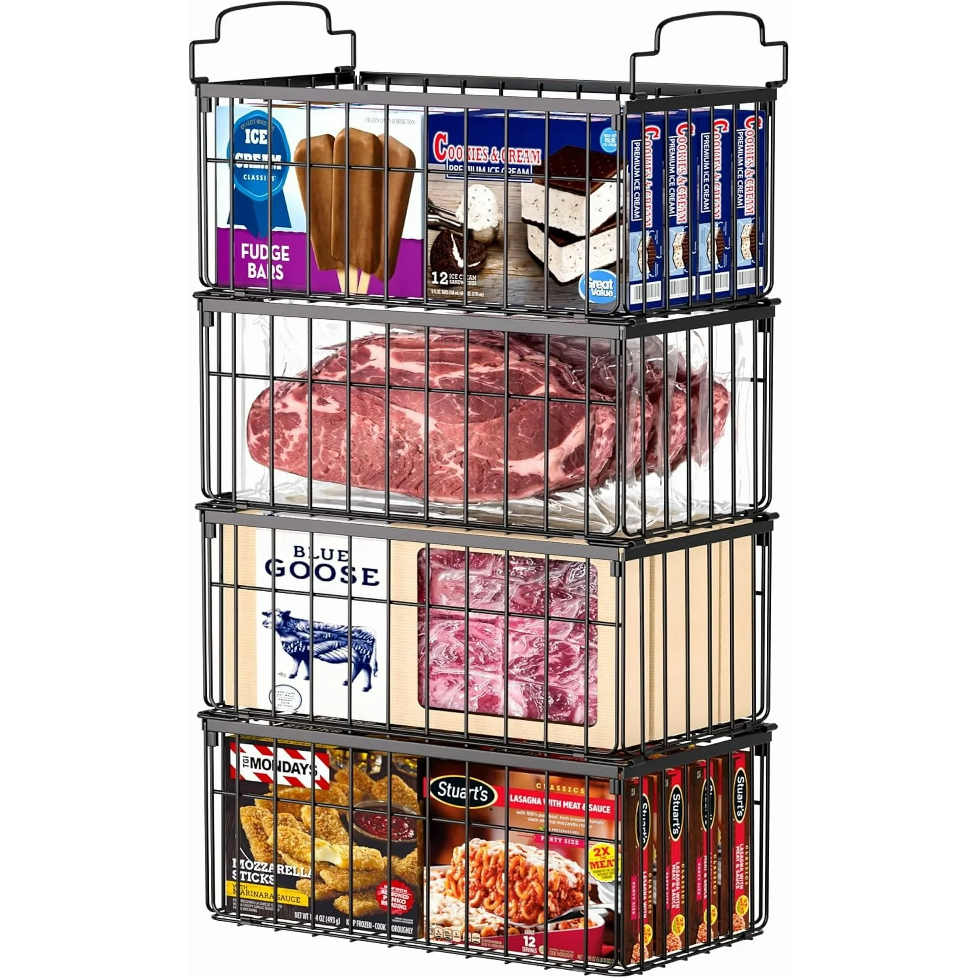 Organizer Bins, 4 Pack Stackable Deep Chest Freezer Organizer Bins, Foldable Baskets with Handles