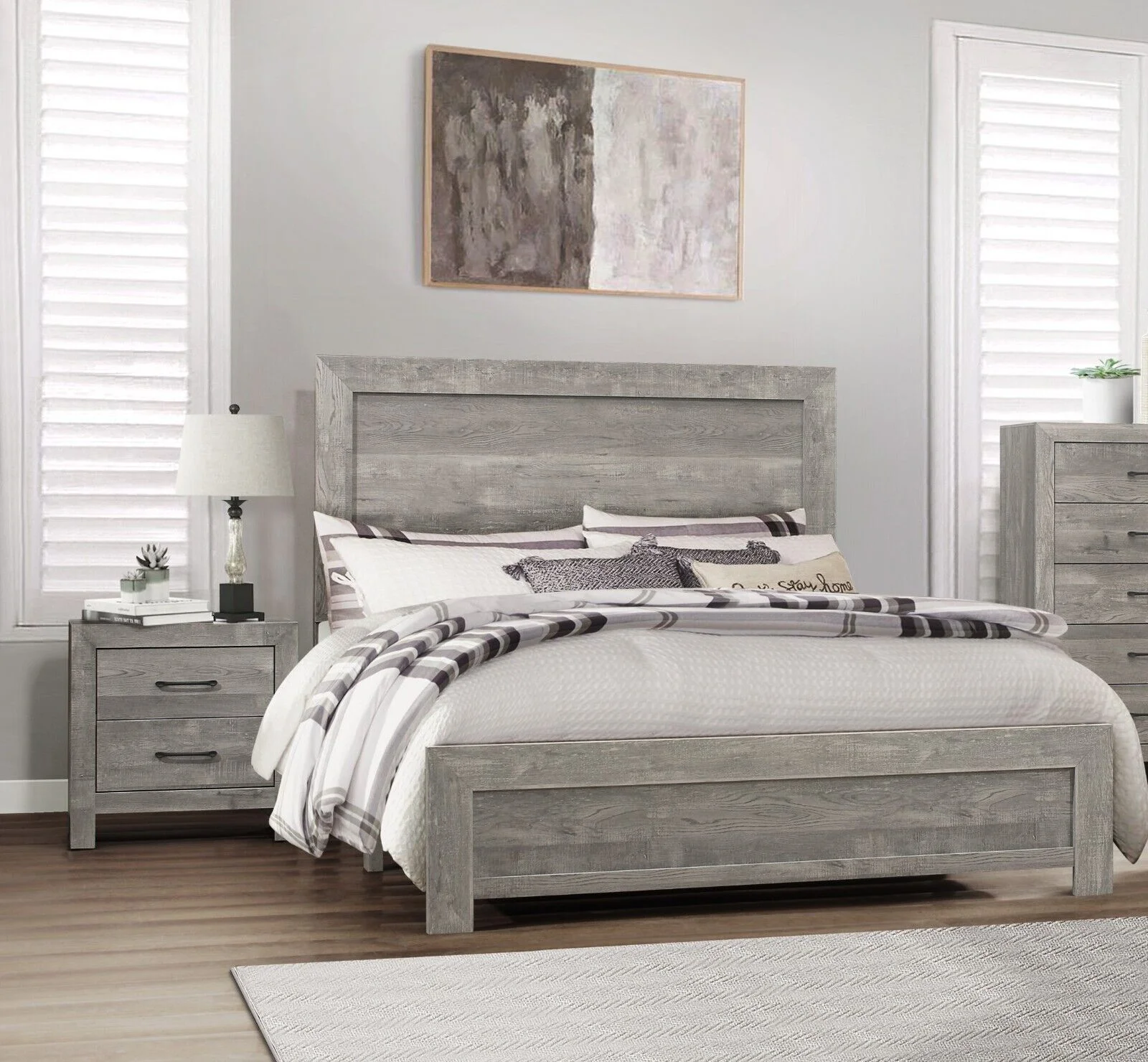 Modern 5pc Bedroom Set Queen Size Bed Dresser Nightstand Mirror Chest Transitional Gray Finish Rustic Style
