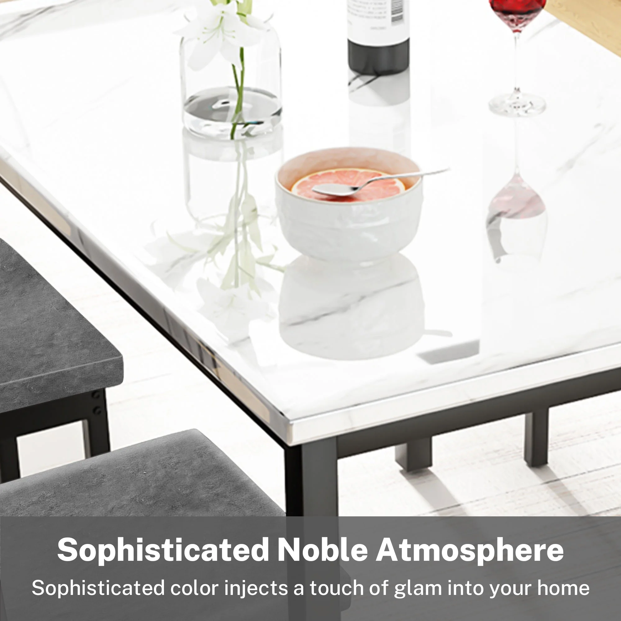 Modern Dining Table Set for 4, Faux Marble Table and Velvet Fabric Upholstered Chairs Set, 5 Piece Kitchen Dining Set