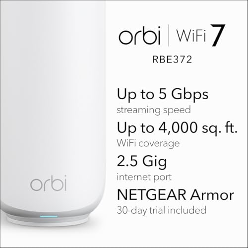NETGEAR Orbi 370 Series Dual-Band WiFi 7 Mesh Network System for Home (RBE373) &ndash; Wireless Router + 2 Extenders, Security Features, 5 Gbps