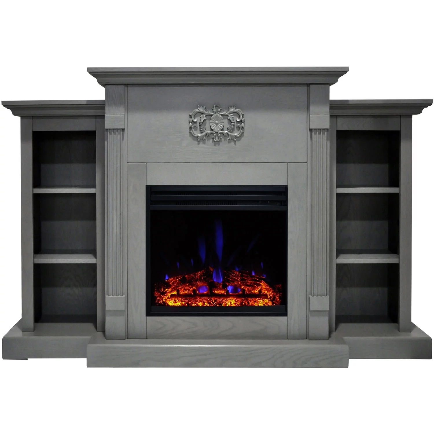 Cambridge Sanoma Electric Fireplace Heater with 72" Gray Mantel, Bookshelves, Enhanced Log Display, Multi-Color Flames, and Remote