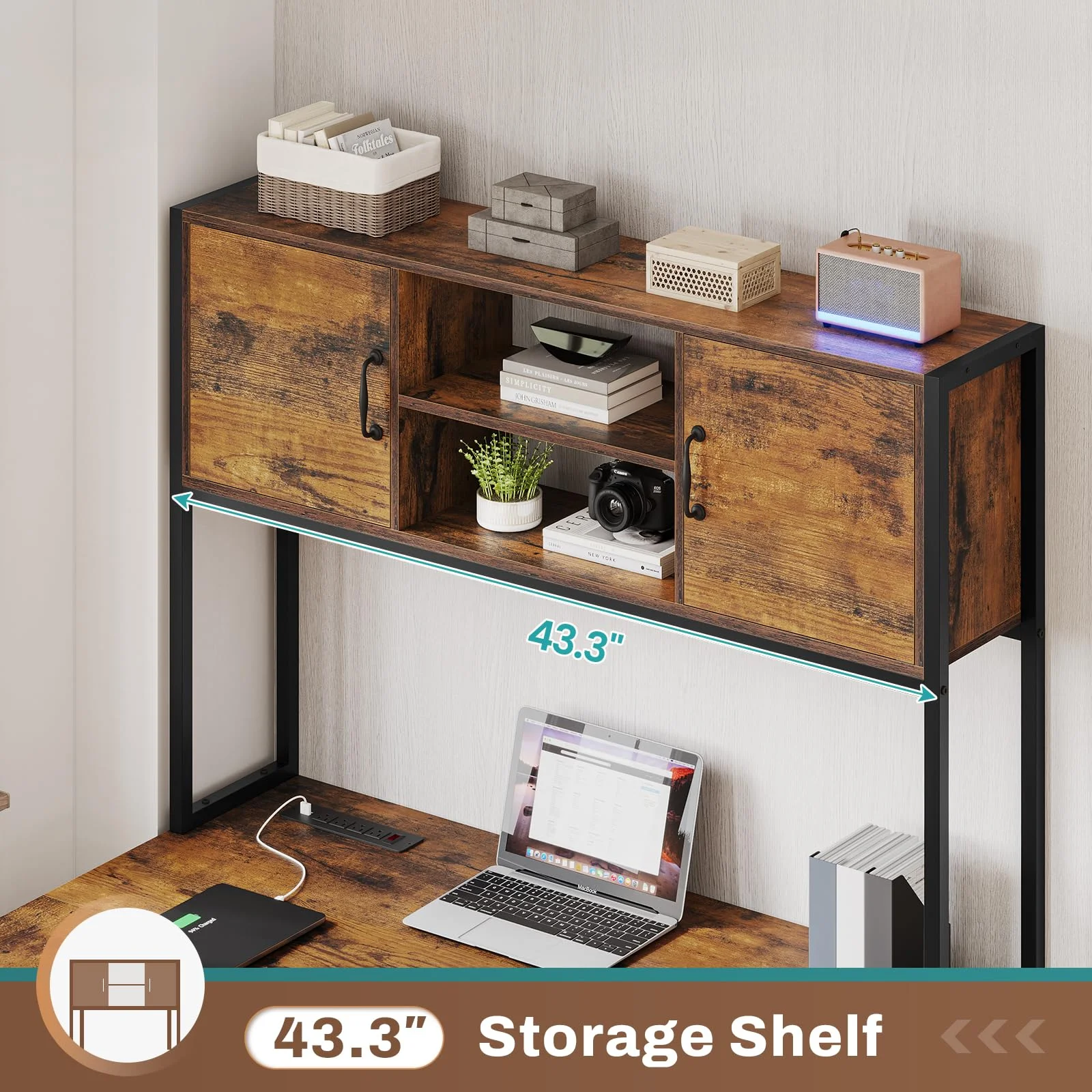 L Shaped Desk with Fabric Drawers and Power Outlet, Home Office Desk with LED Lights, Rustic Brown