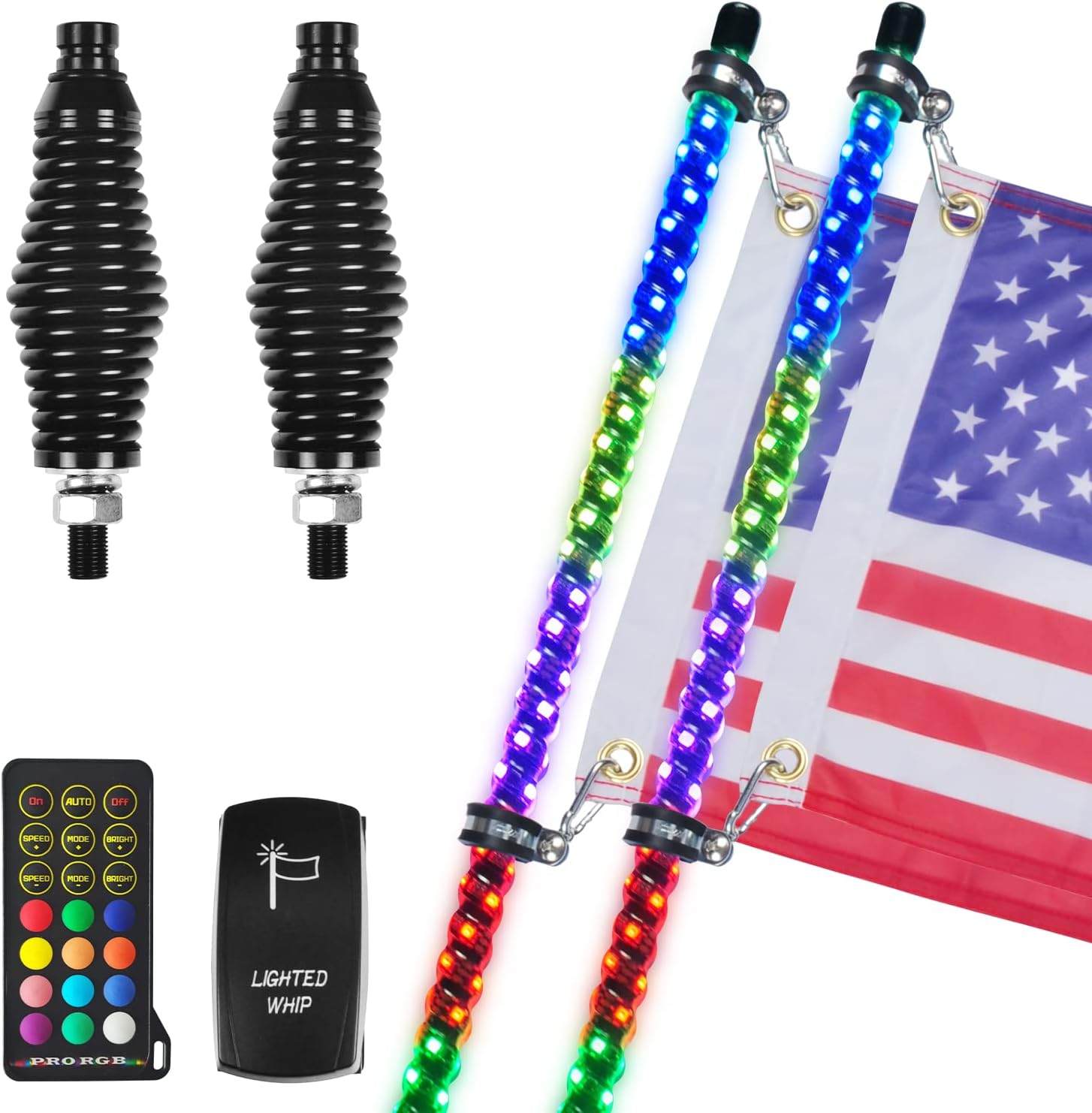 OHMU 2Pcs 3FT Spiral LED Whip Lights for UTV ATV [21 Modes] [20 Colors] [RF Wireless Remote] [Weatherproof] [USA Flag] LED Lighted Whips Antenna for