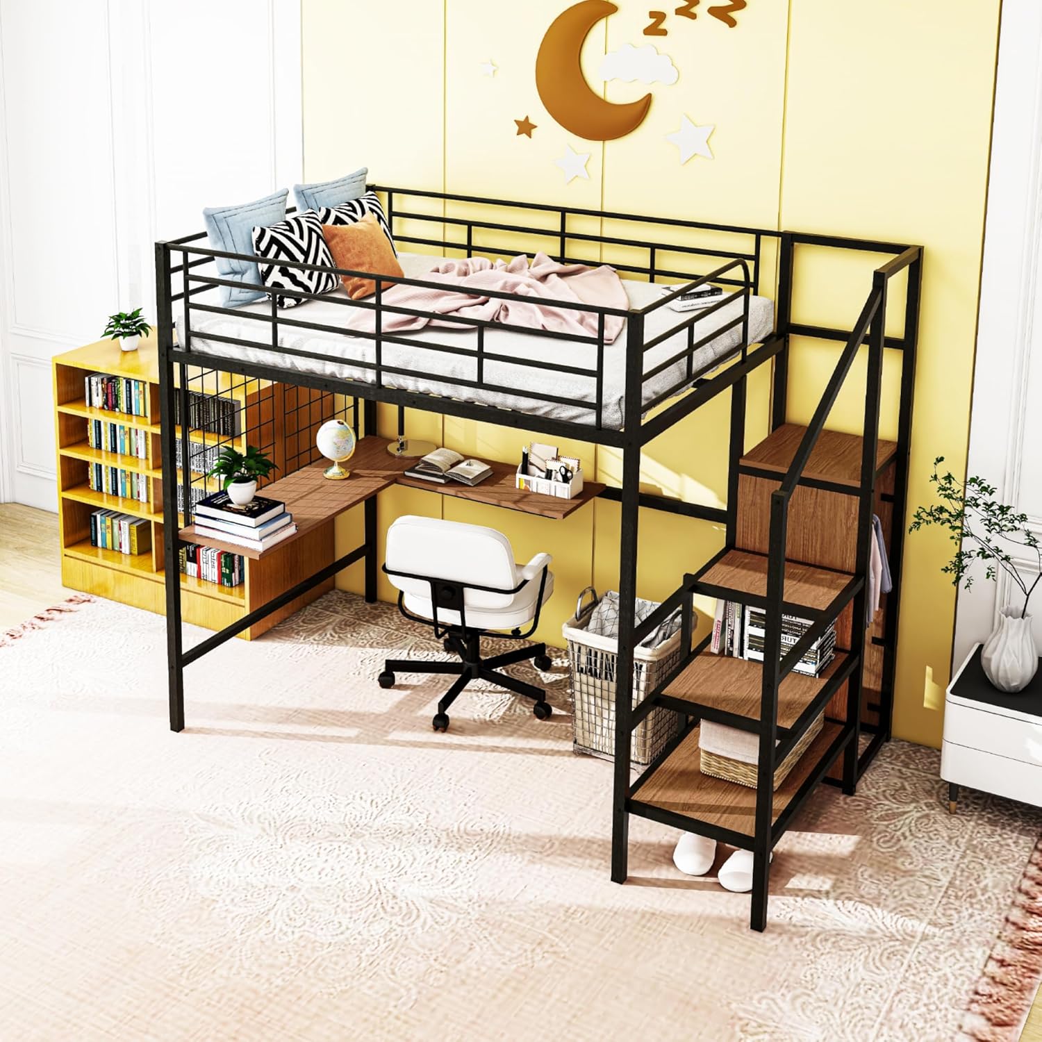Harper & Bright Designs Metal Full Size Loft Bed with Desk and and Metal Grid, Loft Bed Full with Storage Stairs and Wardrobe