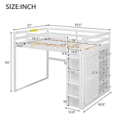Harper & Bright Designs Full Size Loft Bed with Desk, Storage Shelves and Drawers, Solid Wood Loft Bed Frame with Built-in Wardrobe, Walnut