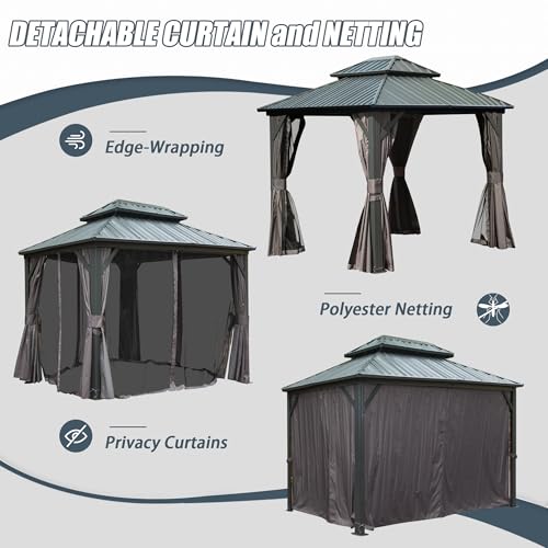 Domi 10' x 10' Hardtop Gazebo Outdoor Metal Gazebo with Galvanized Steel Double Roof Canopy, Curtains and Netting for Patio, Backyard, Deck