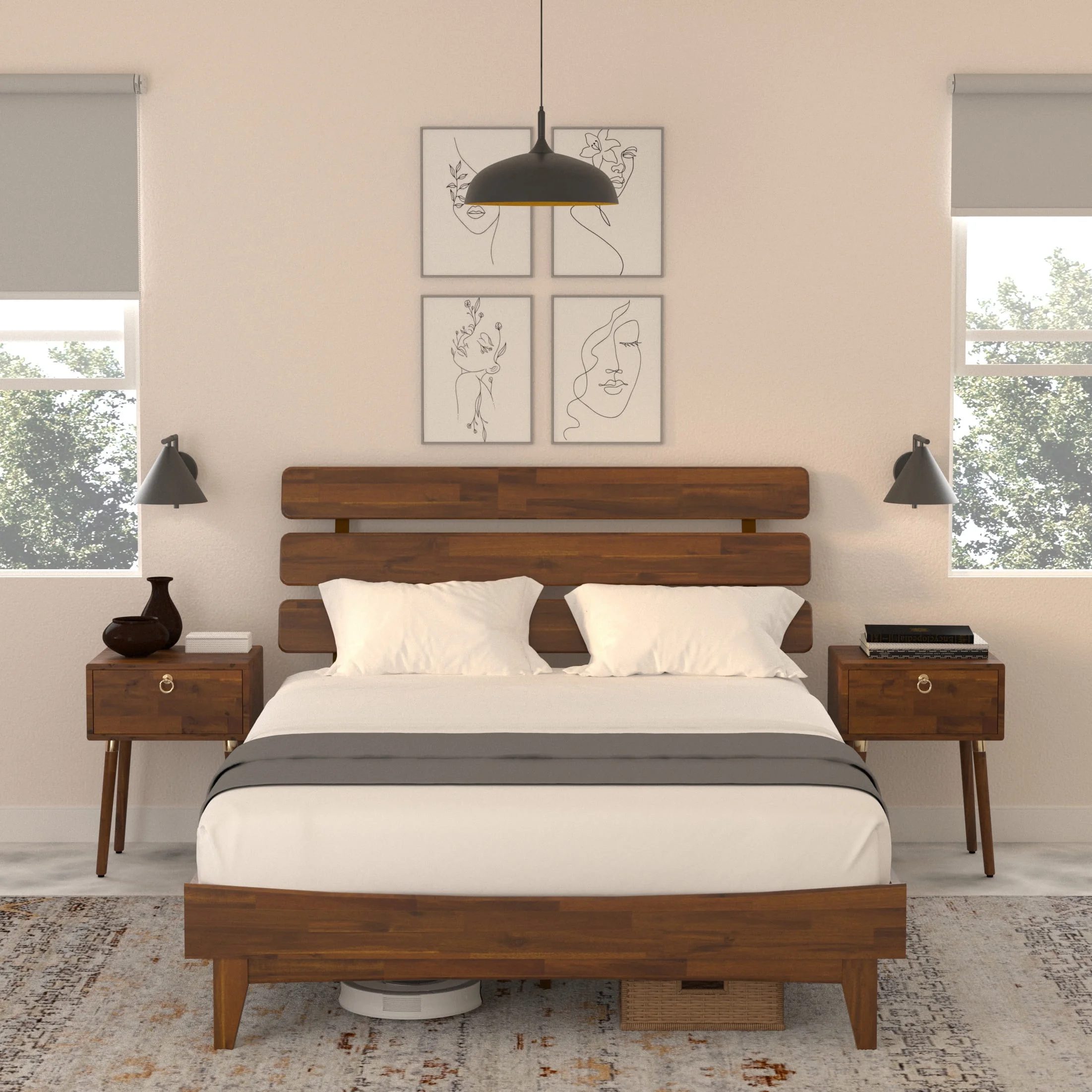 BME Dalen 45" Bed Frame Queen, Adjustable Headboard, Mid-Century, Solid Wood, Dark Choco