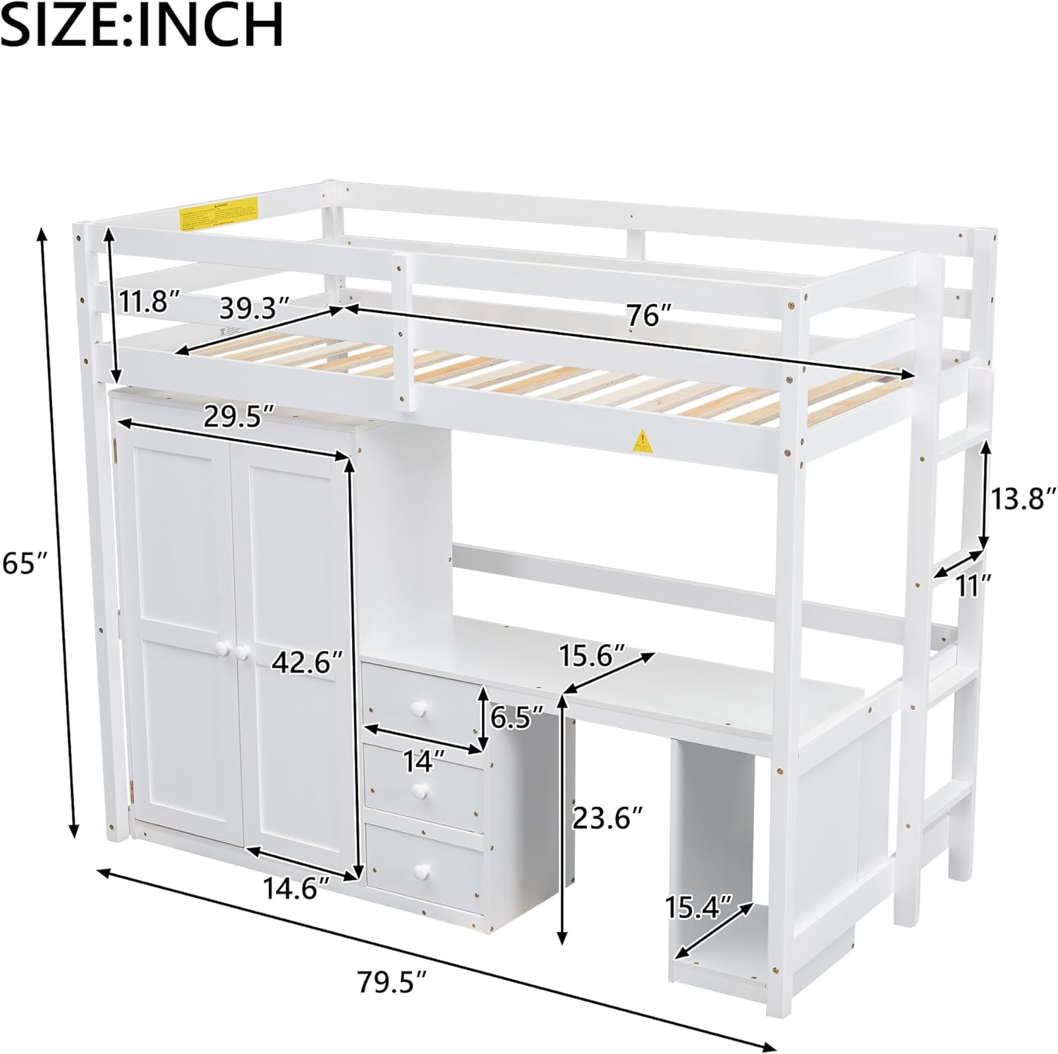Twin Size Wood Loft Bed with Wardrobe, Desk and Storage Drawers, Versatile Wooden Loft Bed Frame with Large Storage Space for Kids, Boys and Girls