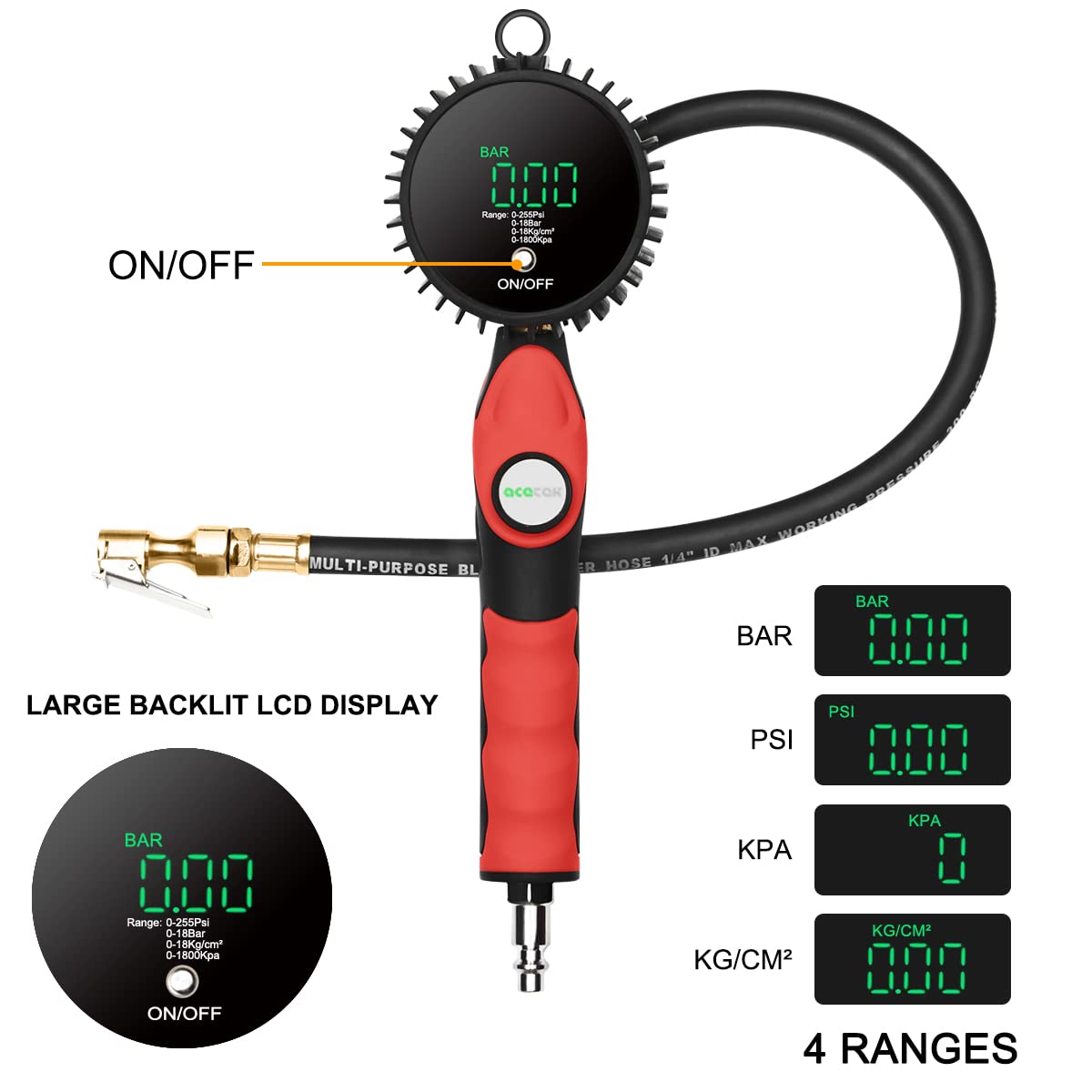 Digital Tire Inflator with Pressure Gauge, 255PSI Air Chuck LCD Display 0.1 Resolution Tire Pressure Gauge