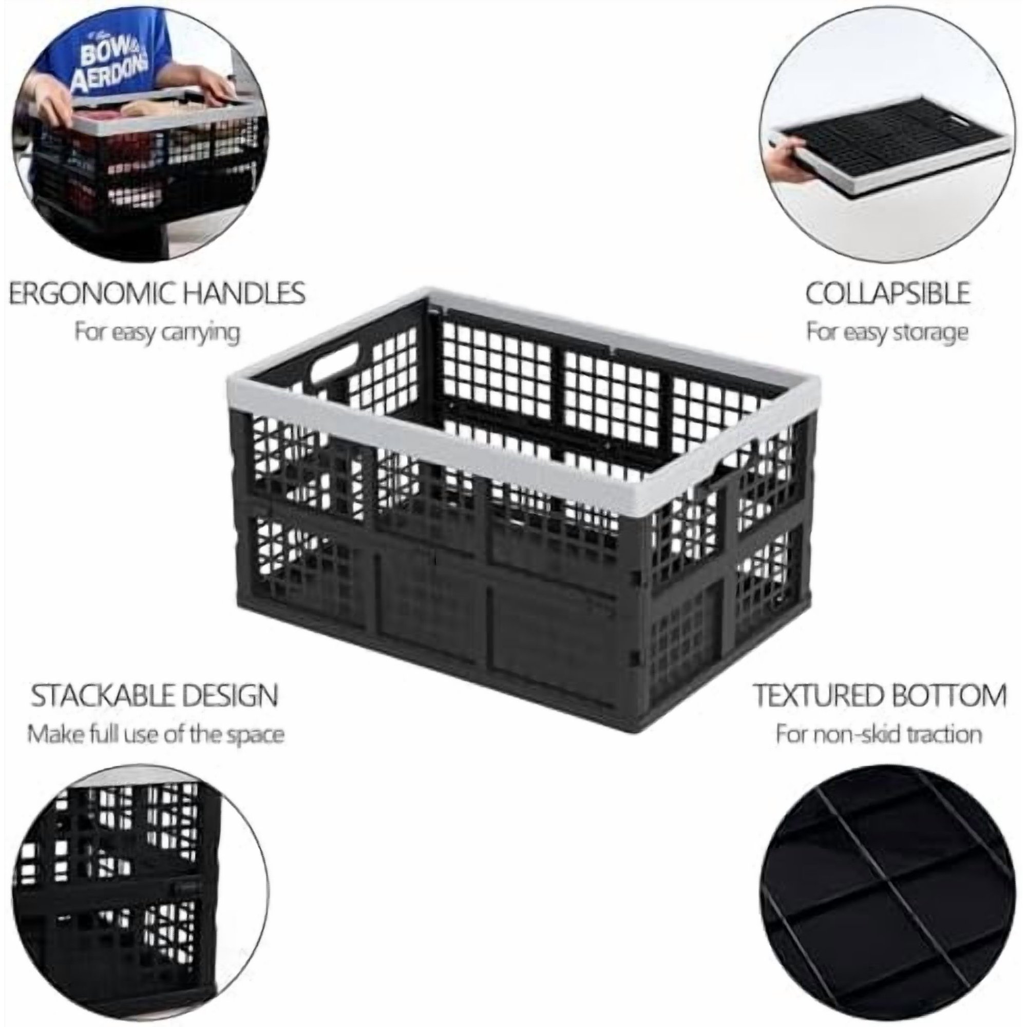 Plastic Collapsible Milk Crates, Collapsible Storage Bins, Foldable Baskets, 42 Liters, Pack of 4 in Black$$Office