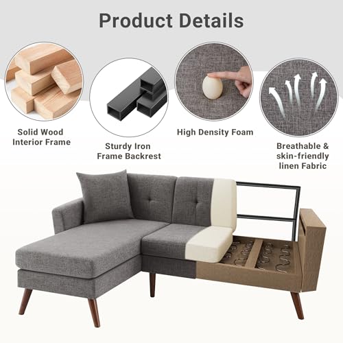 Tbfit L Shaped Couch Sofa, 80" W Mid-Century Modern Sectional Couches, 3 Seater Sofas with Wide Chaise Lounge & Two Pillows