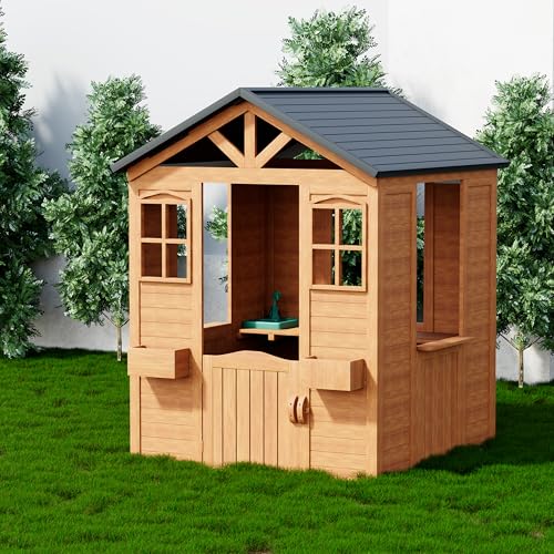All Spruce Outdoor Kids Playhouse, Toddler Playhouse Wooden Playhouse for Kids Ages 3-10, with Sink, Stove, Flower Pot Holders, Phone